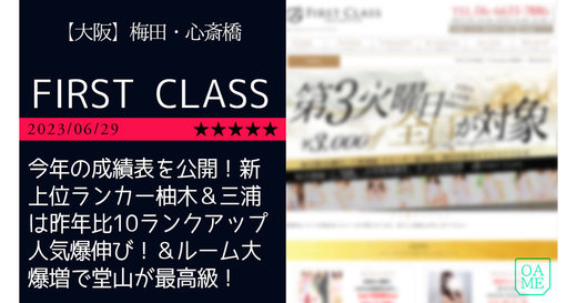 大阪「FIRST CLASS-ファーストクラス」今年の成績表を公開！新上位ランカー柚木＆三浦は昨年比10ランクアップ人気爆伸び！＆ルーム大爆増で堂山が最高級！