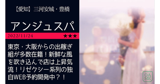 三河安城「Ange Spa-アンジュスパ」東京・大阪からの出稼ぎ組が多数在籍！新鮮な風を吹き込んで店は上昇気流！リゼクシー系列の独自WEB予約開発中？！